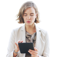 Businesswoman in white suit hand holding tablet for searching on website and thinking in job at workspace in office png