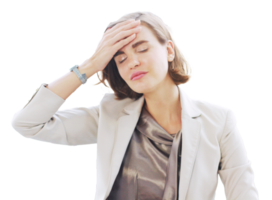 Businesswoman so tried headache and suffering stress working at office computer table. Office Syndrome Symptoms Concept. png