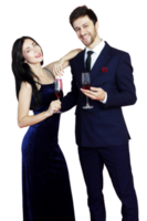 Sweet couple Love smile and spending Romantic with drinking wine in christmas time and celebrating new year eve, valentine day with colorful balloon on red background png