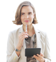 mujer de negocios en traje blanco mano sosteniendo pluma y tableta para escribir y pensar en el trabajo en el espacio de trabajo en la oficina png