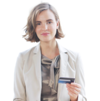affärskvinna leende och händer innehav kreditera kort med betalning för handla png