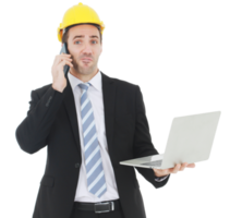 Handsome and smart engineer in black suit Wearing a yellow safety engineerking hat with hand holding labtop and call in mobile for work isolated on yellow background. Copy Space png