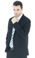 hübscher und intelligenter Geschäftsmann im schwarzen Anzug lokalisiert auf weißem Hintergrund. Geschäfts- und Finanzkonzept. Platz kopieren png