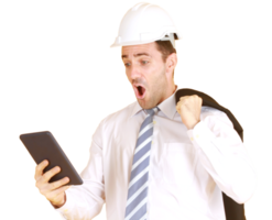 Handsome and smart engineer in suit and white shirt and Wearing a white safety engineering hat with hand holding smartphone Surprised and stressed with work isolated on yellow background. Copy Space png