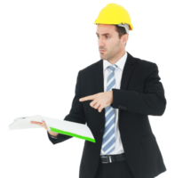 Handsome and smart engineer in black suit Wearing a yellow safety engineering hat with hand holding Construction drawing papers and serious in work isolated on yellow background. png