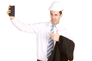 Handsome smart engineer or architecture is Wearing a white safety hat with hand holding smartphone and enjoy with Selfie by himself isolated on yellow background. Copy Space png