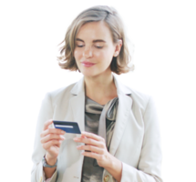 Businesswoman smiling and Hands holding credit card with payment for shopping png