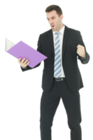 Handsome Caucasian man in black suit holding violet document file and serious in work isolated on white background. png