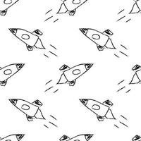 Doodle cosmic seamless pattern in childish style. Hand drawn abstract space rocket. Black and white vector