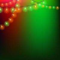 Red and green Christmas background with lights. Background for post with a place for text. Vector illustration