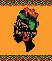 Greeting card for Kwanzaa with African women. Vector illustration. Happy Kwanzaa decorative greeting card. seven kwanzaa candles in map Africa.