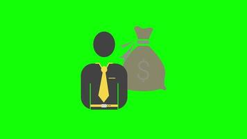 empresário com saco de dinheiro com animação de loop de ícone de cifrão com canal alfa, fundo transparente, prores 444