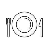 configuración de la mesa para el icono de la línea de comidas. plato con pictograma de cubiertos vector