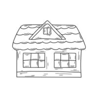 Wooden village house with an attic black sketch on white background vector
