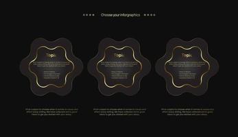 SET LUXURY infographic level design on dark background, THREE Flower shapes buttons and golden style for business and education object design vector