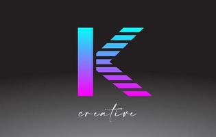diseño de logotipo de letra k de líneas de neón azul púrpura con líneas creativas cortadas en la mitad de la letra vector