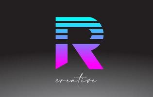 diseño de logotipo de letra r de líneas de neón azul púrpura con líneas creativas cortadas en la mitad de la letra vector
