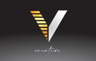 Golden Lines Letter V Logo Design with Creative Lines Cut on half of The Letter vector