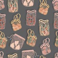 mesh bags with vegetables for salad, carrots, beets, celery, chili peppers and tomatoes for eco friendly living vector seamless pattern.