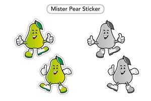 Mister Pear Sticker. Pear Mascot Vector. Pear Fruit colorful Clip art. Black and white Mascot. vector