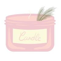 handmade paraffin scented candle in a glass jar with a coniferous branch for aromatherapy vector