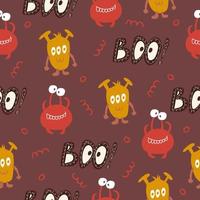 Seamless pattern for Halloween holiday with cute cartoon monsters and Boo halloween lettering. vector