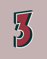 Vector number 3 with 3D effect in retro style. Well red and Deep Teal colors