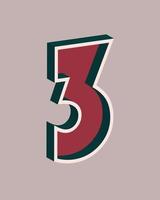 Vector number 3 with 3D effect in retro style. Well red and Deep Teal colors