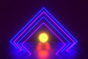 3d neon square tunnel with moon. Endless optical illusion portal. Glowing lines virtual reality corridor. Science futuristic background illustration. Abstract laser show light effect. Arch frame. photo