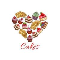 I love cakes. Pastry desserts in heart shape label vector