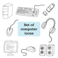 Vector set with computer icons, keyboard, speakers, monitor, personal computer