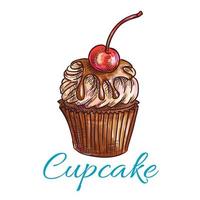 cupcake de chocolate con boceto de crema y cereza vector