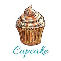 Chocolate cupcake with cream and caramel sketch vector