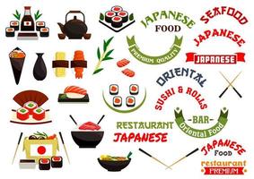 Japanese cuisine restaurant vector labels, ribbons