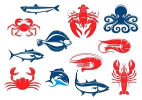 Seafood icon set with fish and crustacean vector