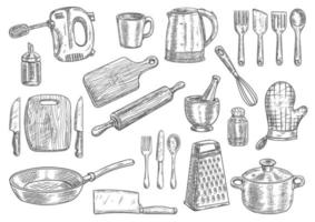 Kitchen utensils and appliances isolated sketches vector