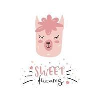 Illustration of a pink llama for a girl with the quote Sweet Dreams for a card, invitation, nursery, gifts, etc. vector