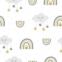 Children's Scandinavian seamless drawing with cute clouds and a cartoon rainbow. Hand-drawn vector illustration