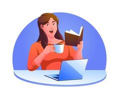 una mujer sentada leyendo un libro tomando café vector