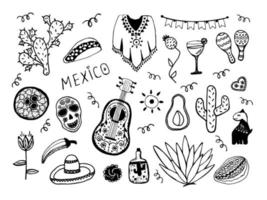 Mexican symbols, doodle set vector