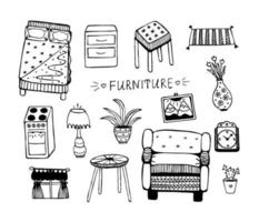 Furniture items, doodle set vector