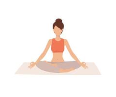 Woman sitting in lotus position practicing yoga. Female with crossed legs meditating on mat isolated on white. Vector illustration.