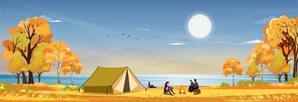Autumn scene with Family enjoying vacation camping at countryside  by the river,People sitting near the tent and campfire having fun talking together,Vector Rural landscape in fall forest with sunset vector