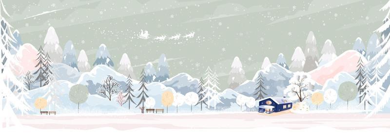 Winter landscape with snowing covering forest pine tree and mountains, Panoramic Winter wonderland with farm house in village,Vector Horizontal banner for Christmas holiday or New year 2023 background