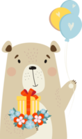 ours mignon avec cadeau, fleurs et ballons png