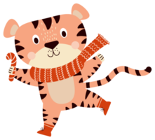 Winter tiger. Tiger character in a knitted scarf with caramel png