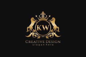 initial KW Retro golden crest with circle and two horses, badge template with scrolls and royal crown - perfect for luxurious branding projects vector