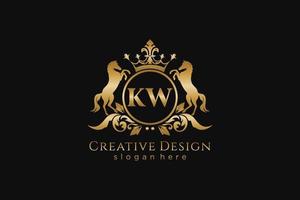 initial KW Retro golden crest with circle and two horses, badge template with scrolls and royal crown - perfect for luxurious branding projects vector