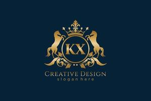 initial KX Retro golden crest with circle and two horses, badge template with scrolls and royal crown - perfect for luxurious branding projects vector