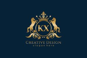 initial KX Retro golden crest with circle and two horses, badge template with scrolls and royal crown - perfect for luxurious branding projects vector